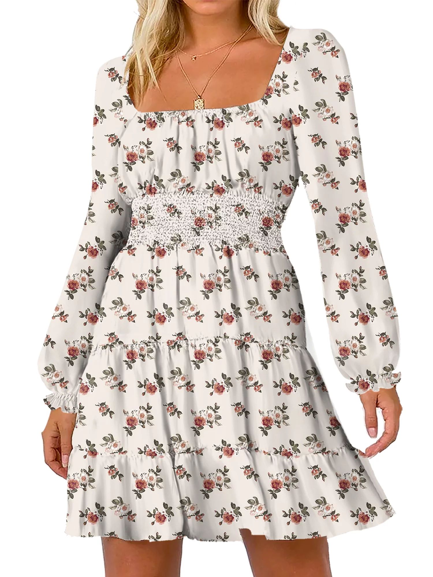 Liv & Lottie Juniors Floral Smocked Tiered Long Sleeve Dress - Walmart.com | Walmart (US)