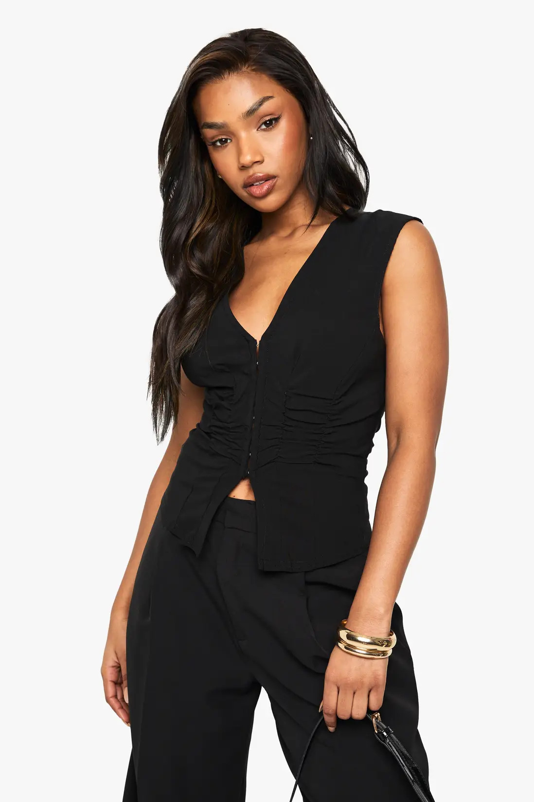 Black Bengaline Ruched Sleeveless Hook & Eye Top | Boohoo USA | boohoo (US & Canada)