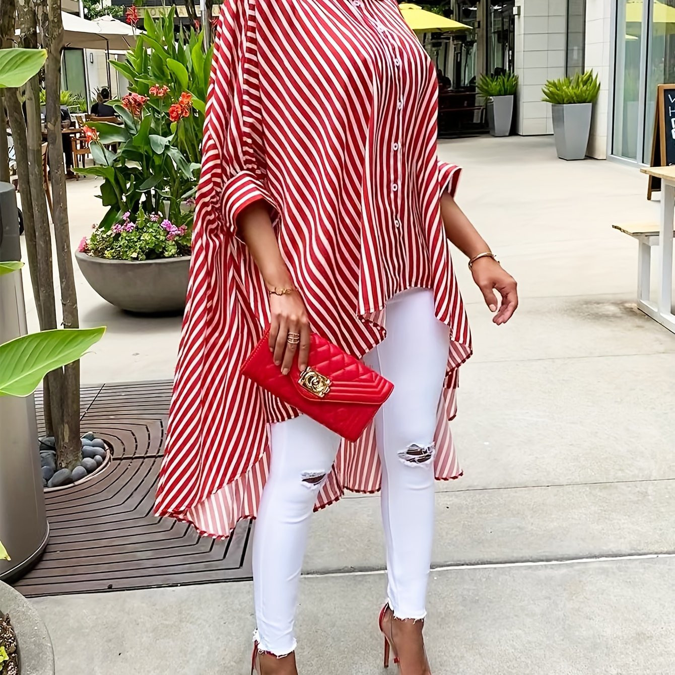 Striped Print High Low Hem Shirt Casual Long Sleeve Button - Temu | Temu Affiliate Program