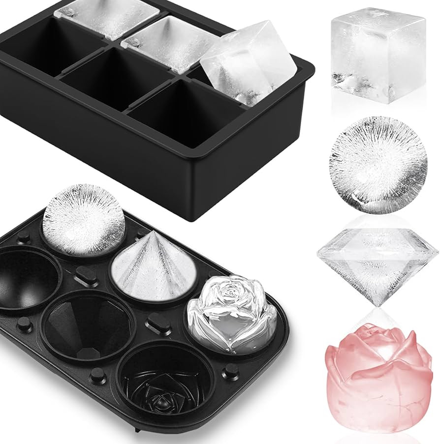 2Pack Silicone Square and Round Ice Cube Trays for Freezer - Sphere, Rose, Diamond Ice Molds for ... | Amazon (US)