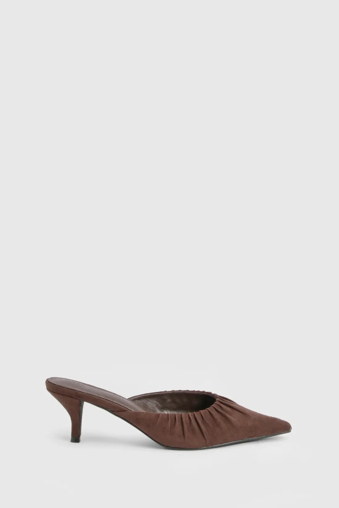 Chocolate Faux Suede Ruched Detail Mid Height Closed Front Mules | Boohoo | Boohoo.com (UK & IE)