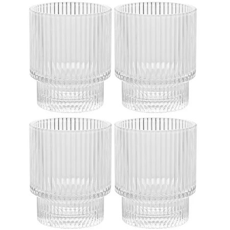 Vintage Art Deco Fluted Drinking Glasses - 9 oz Modern Kitchen Glassware Set Old Fashion Tumbler Cups for Weddings, Cocktails, Bar Ribbed Lowball Glass Cup for Water, Gin, Whiskey- Set of 4, Clear | Walmart (US)