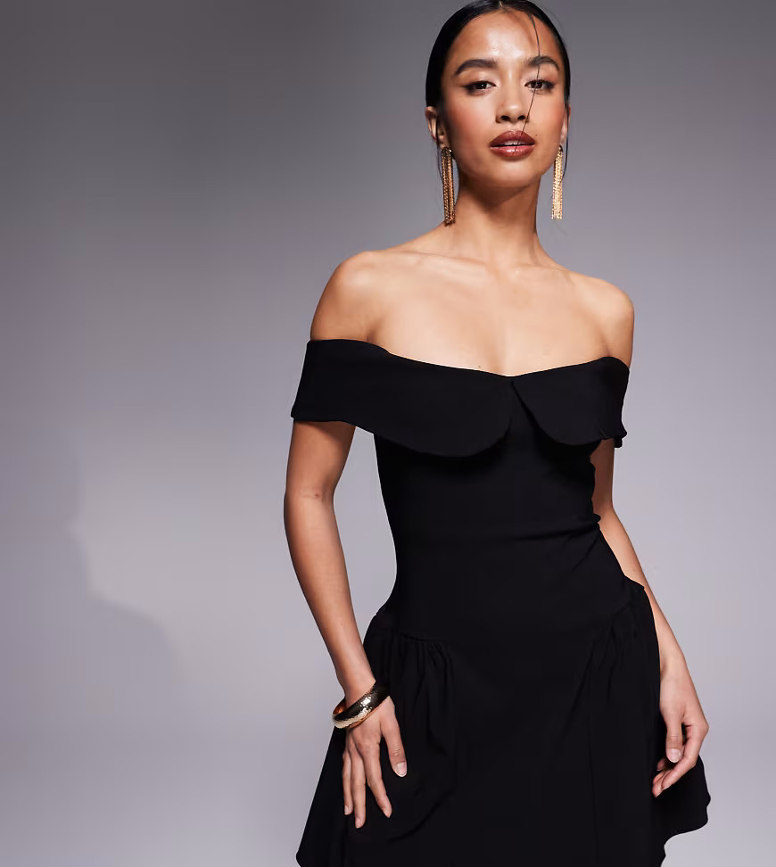 Vesper Petite bengaline bengaline bardot foldover skater mini dress in black | ASOS (Global)