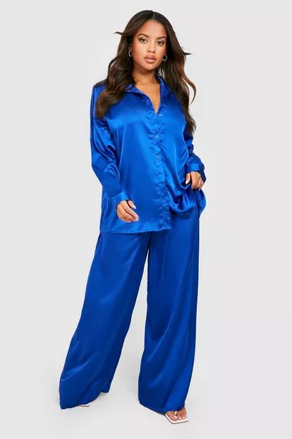 Plus Satin Tie Front Shirt & Pants Two-Piece | Boohoo.com (US & CA)