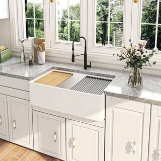 White Fireclay 33 in. Single Bowl Farmhouse Apron Workstation Kitchen Sink with Accessories | The Home Depot