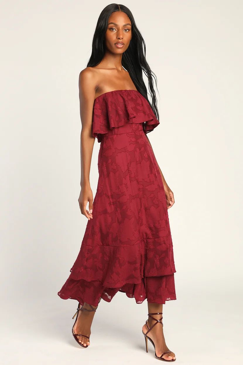 Love You So Truly Burgundy Burnout Floral Strapless Midi Dress | Lulus (US)