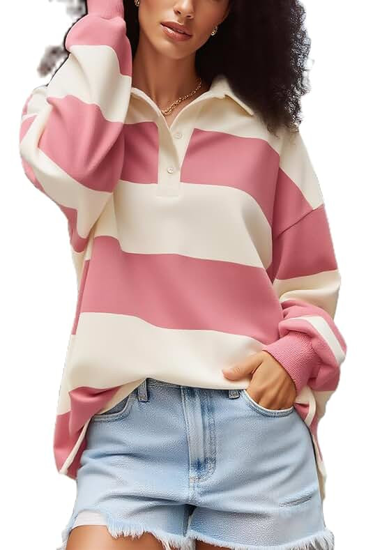 Women Striped Polo Sweatshirt Oversized Long Sleeve Lapel V Neck Pullover Shirt Trendy | Amazon (US)