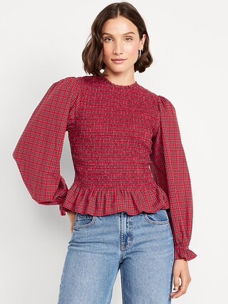 Long-Sleeve Plaid Smocked Top | Old Navy (CA)