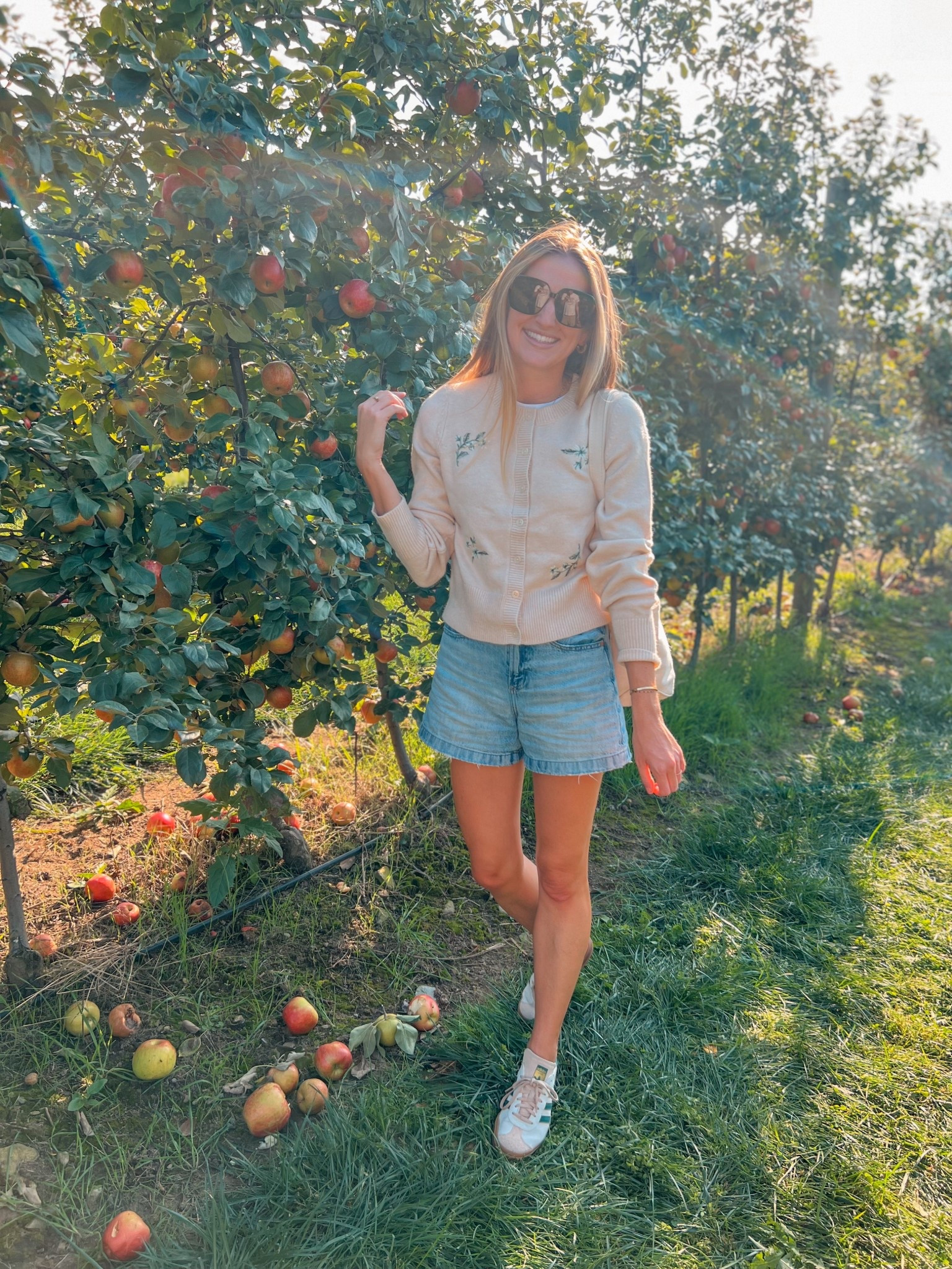 Floral embroidered cardigan and pistola denim shorts and adidas gazelle bold sneakers  - can’t recommend these enough 