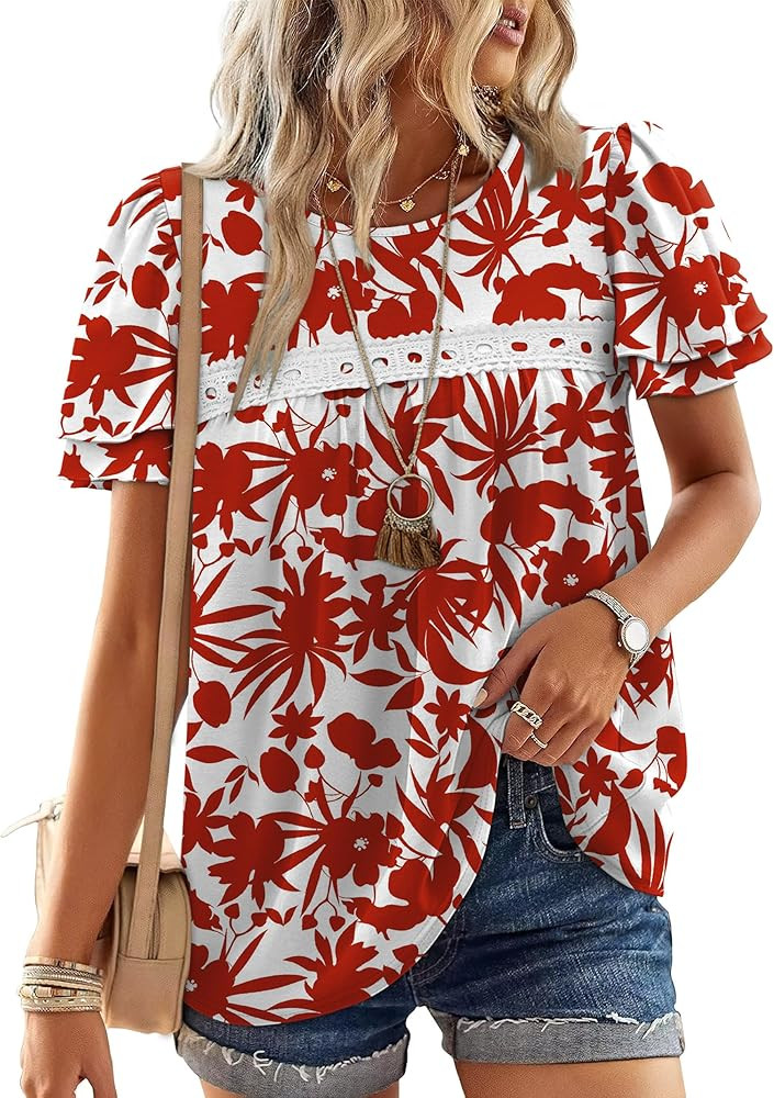 OFEEFAN Blouses for Women Dressy Casual Peplum Babydoll Tops Ruffle Short Sleeve Shirts Plus Size... | Amazon (US)