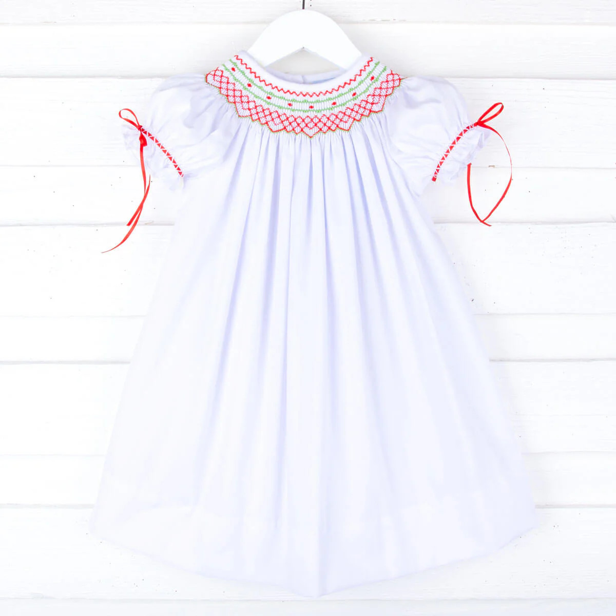 White Pique Geo Smocked Dress | Classic Whimsy