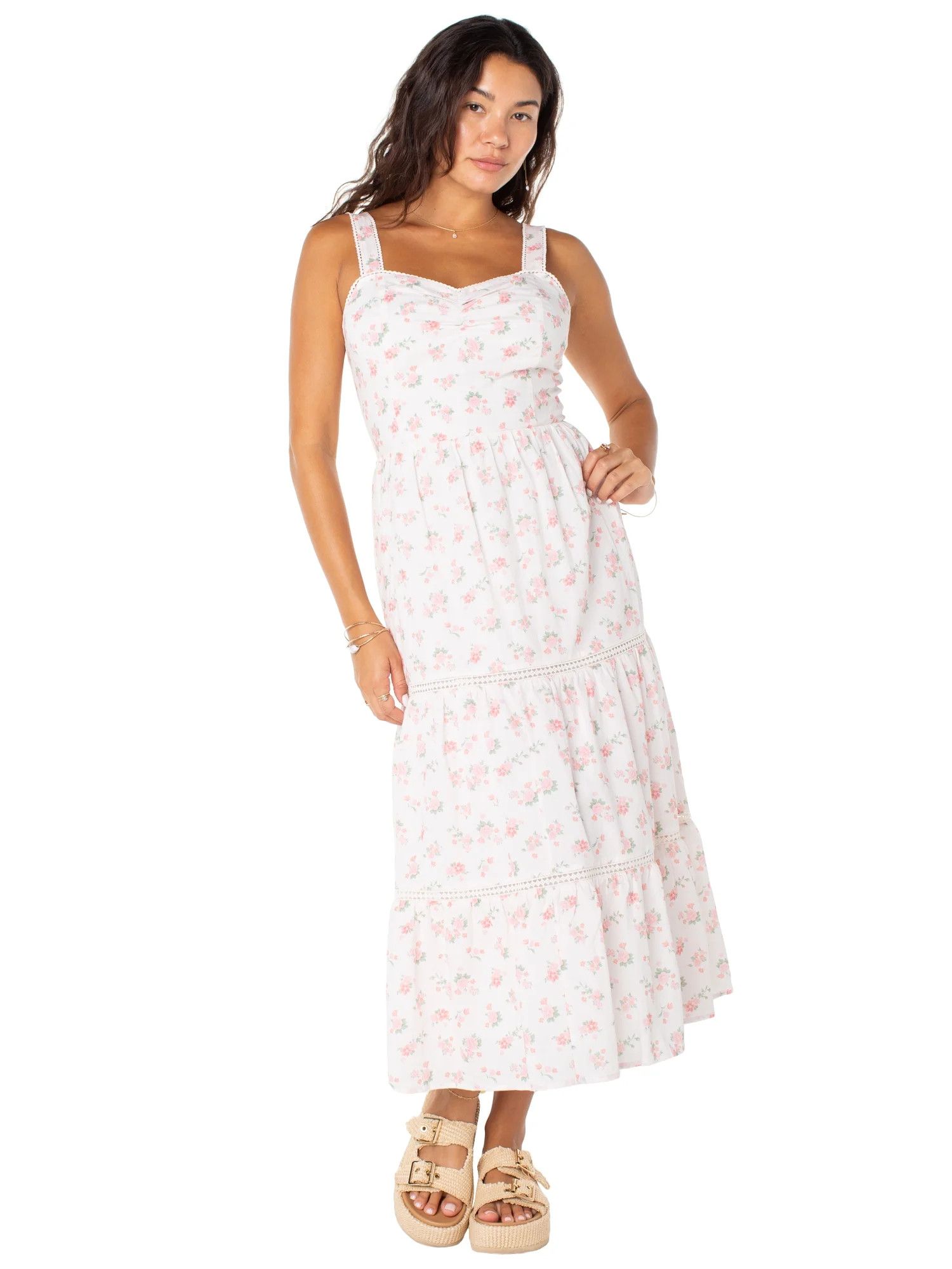 Celebrity Pink Women's Sleeveless Lace Trim Tiered Maxi Dress, Sizes XS-XXXL | Walmart (US)