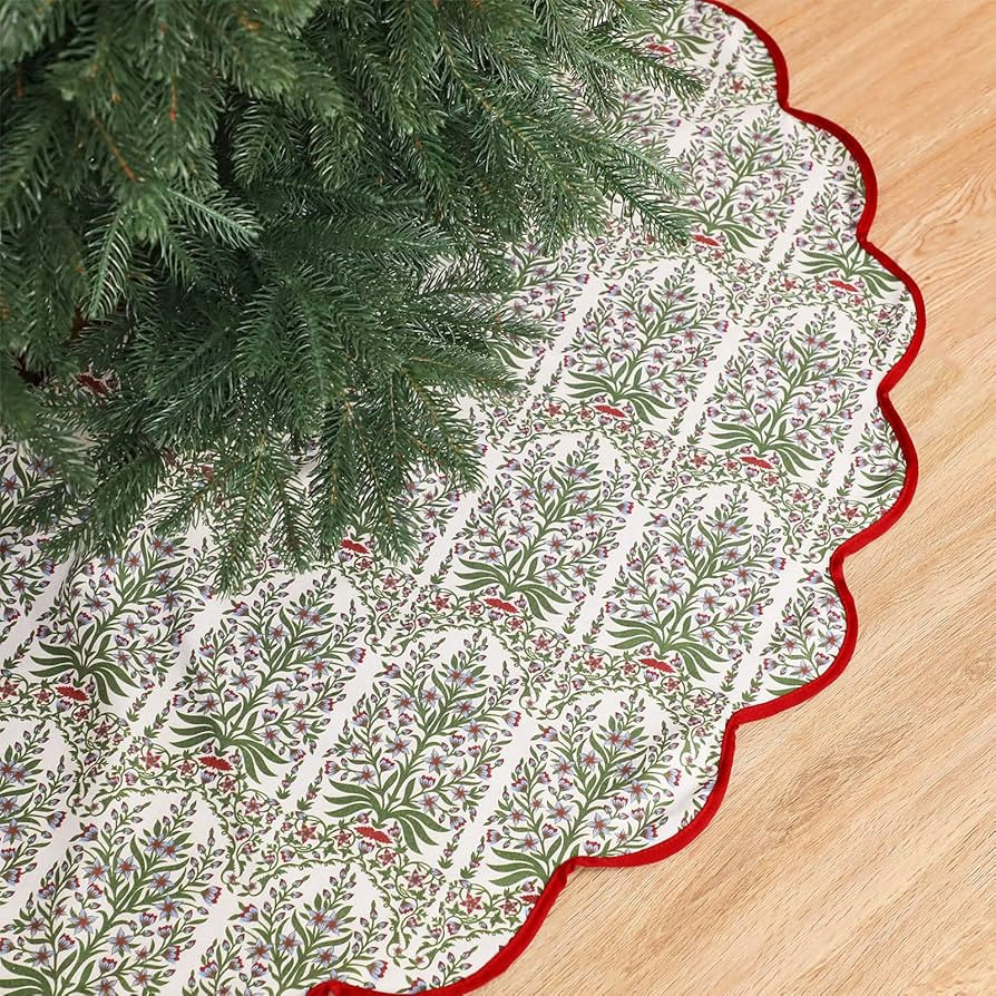 Christmas Tree Skirt Cotton Floral Block Nature Color Green Tree Skirt for Xmas Tree Seasonal Hol... | Amazon (US)