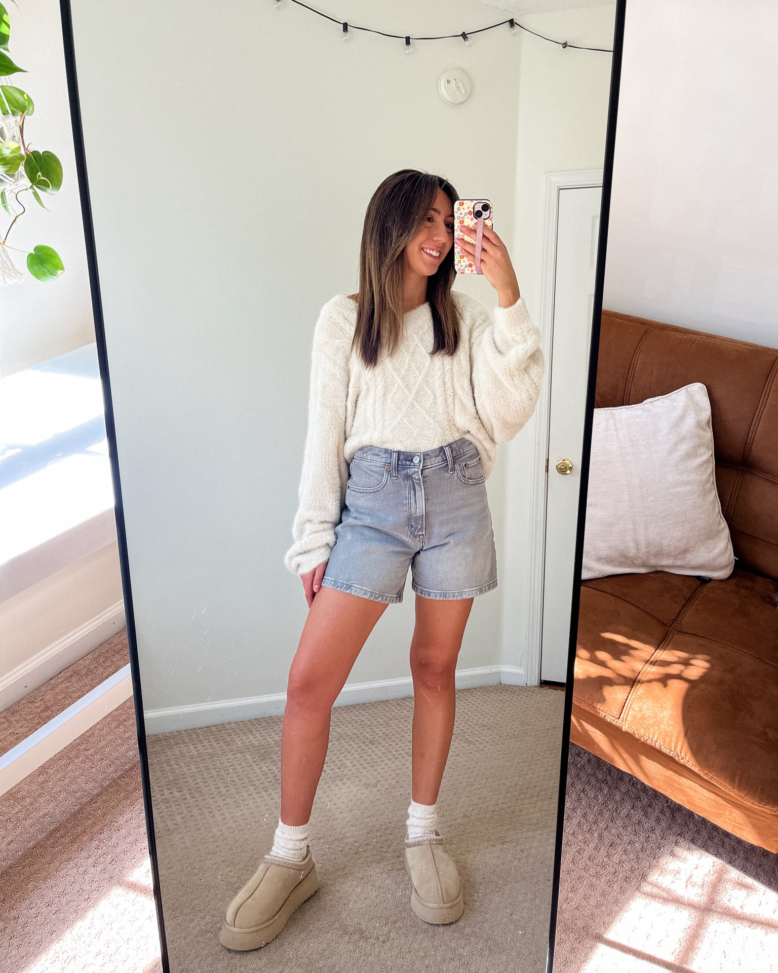 Fall Outfit Idea Inspo, Pumpkin Patch Outfit Idea, Fall Aesthetic, Chunky Oversized Sweater, Abercrombie Denim Dad Shorts, Ugg Tazz Platform Slippers Mustard Seed

#LTKsalealert