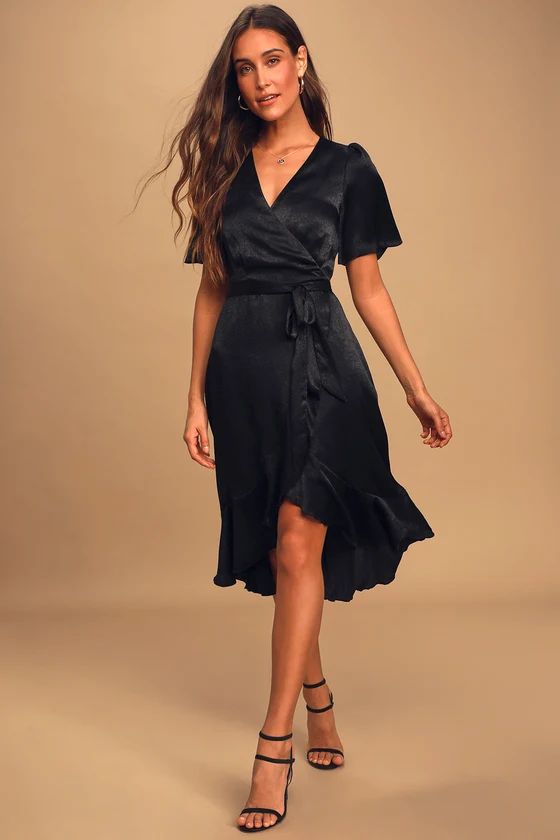 Wrapped Up In Love Black Satin Faux-Wrap Midi Dress | Lulus (US)
