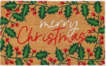 Holiday Time Merry Christmas Holly Leaf & Berries Coir Fiber Doormat | Walmart (US)