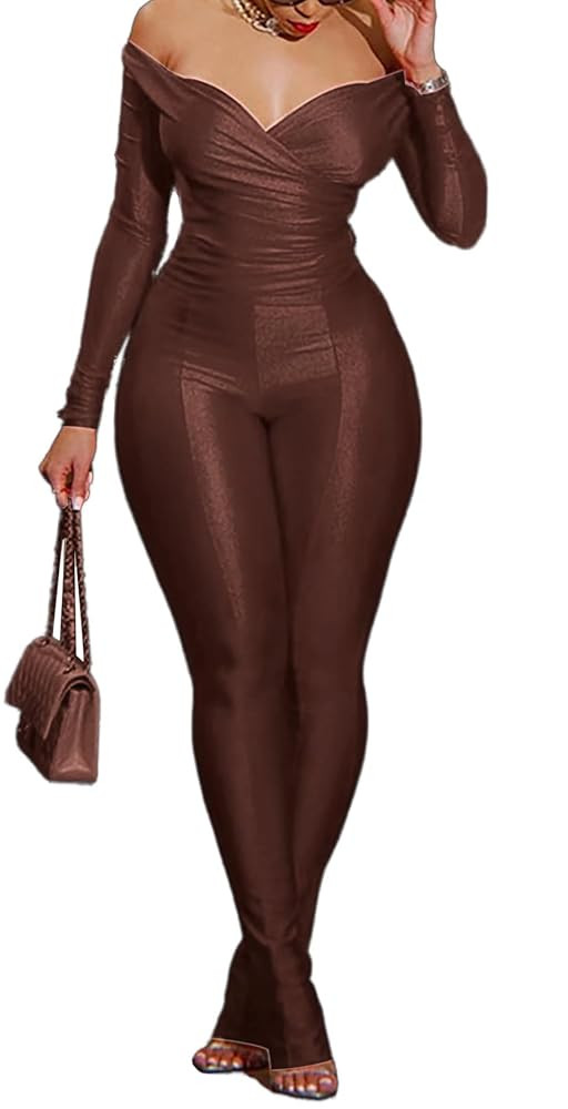 Womens Sexy 2 Piece Outfits Off Shoulder Deep V Neck Tops Slit Hem Flare Pants Sparkly Jumpsuit S... | Amazon (US)