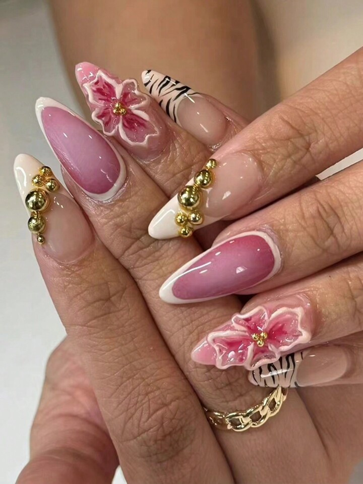 10pcs/Set Premium 3D Almond Shaped French Tip Gradient Orchid Faux Rhinestone Full Cover Short Ar... | SHEIN