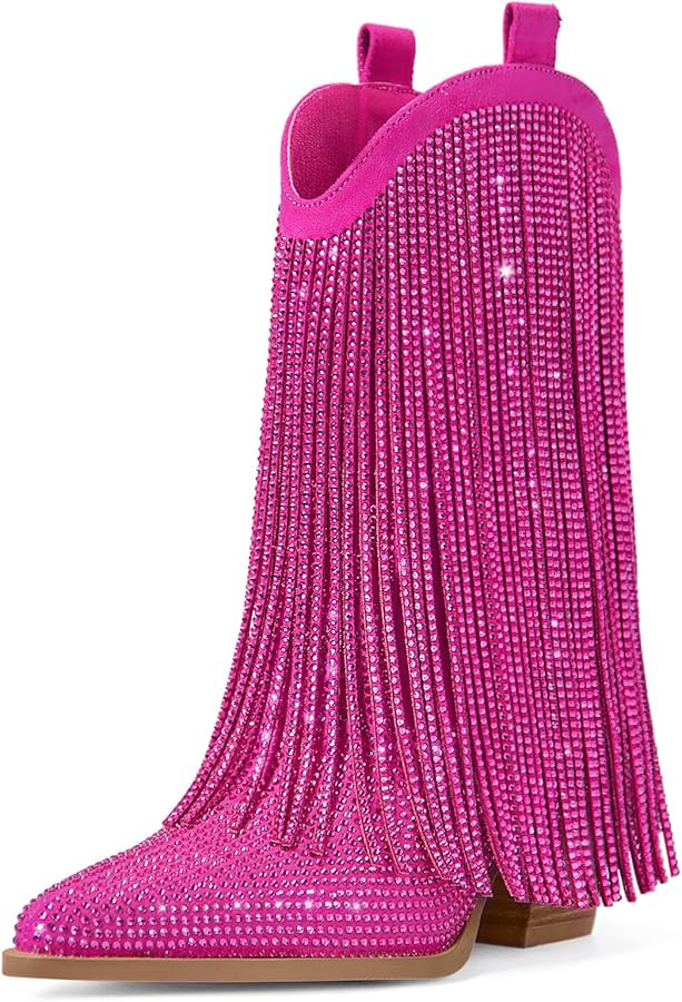 Ouepiano Cowboy Boots for Women - Rhinestone Cowgirl Boots with Glitter Fringe Pointed Toe Wester... | Amazon (US)