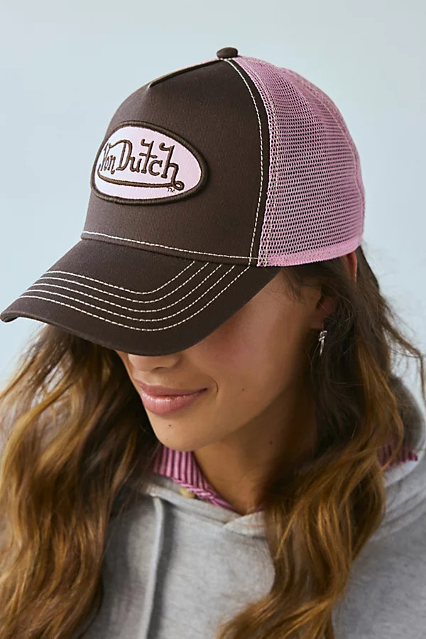 Von Dutch Logo Trucker Hat in Brown/Pink, Women's at Urban Outfitters | Urban Outfitters (US and RoW)