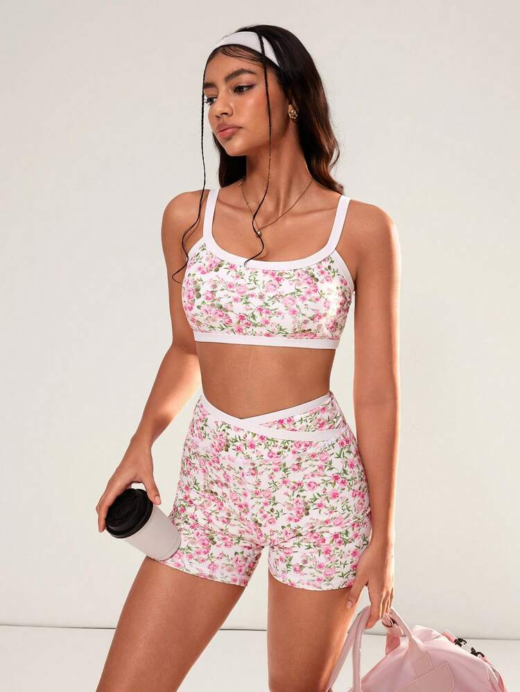 INAWLY Solva 2pcs/Set Women Floral Print Sports Vest And Shorts Yoga Fitness Workout Outfit | SHEIN