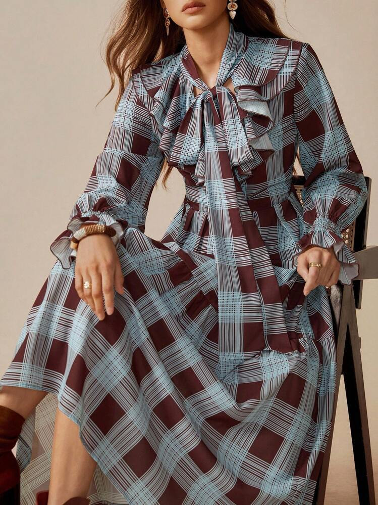 Florisole Women's Casual Plaid Ruffle Trim Long Sleeve Dress, Suitable For Vacation Plaid Dress C... | SHEIN