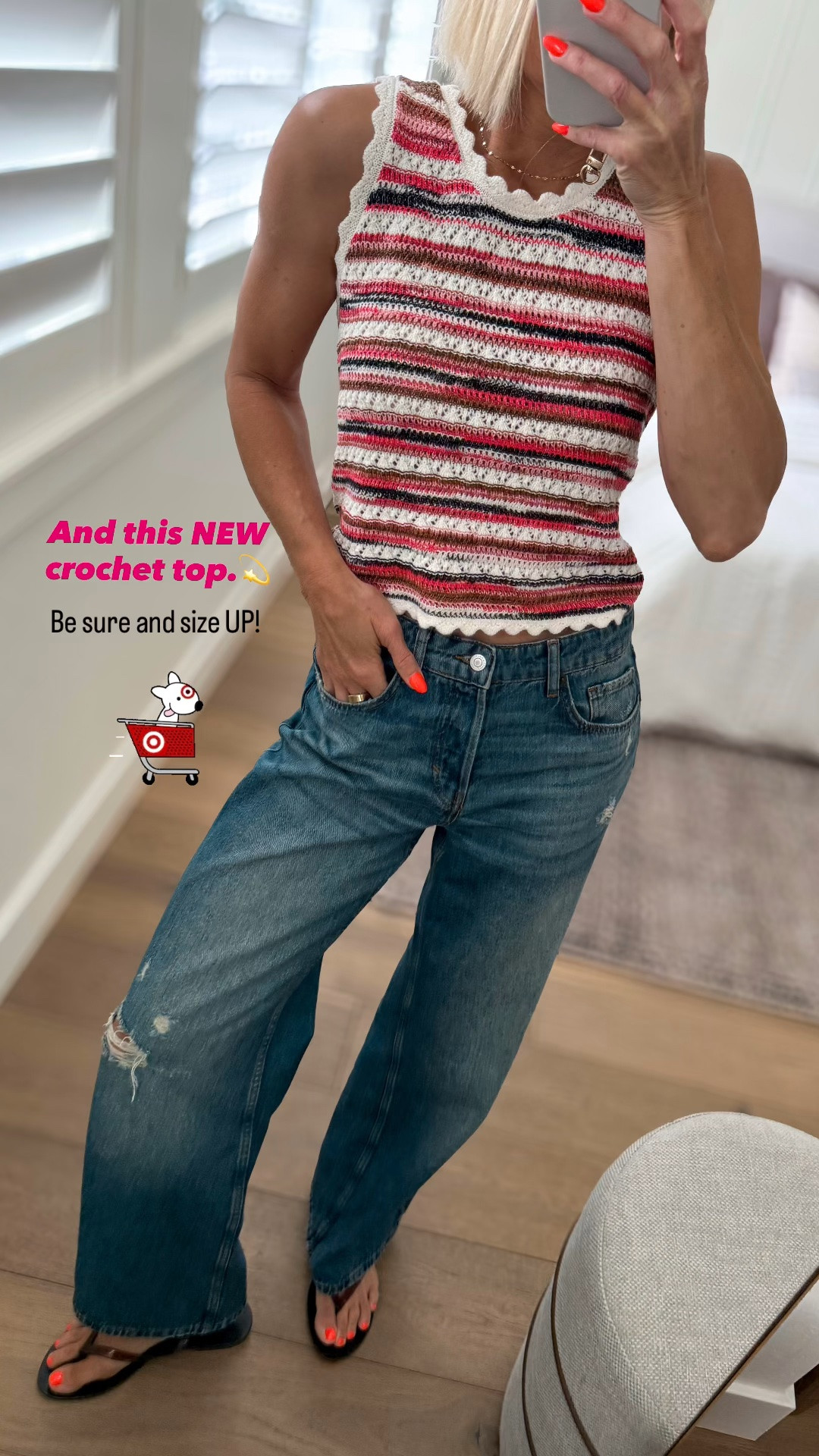 NEW crochet top @Target 
Be sure and size up for the BEST fit and look.😘
Paired w/ most -loved $50 jeans. I sized up to a 6 for a looser fit, so they sit lower on my hips.

#LTKfitnessgoals #LTKmomlife #LTKOver40