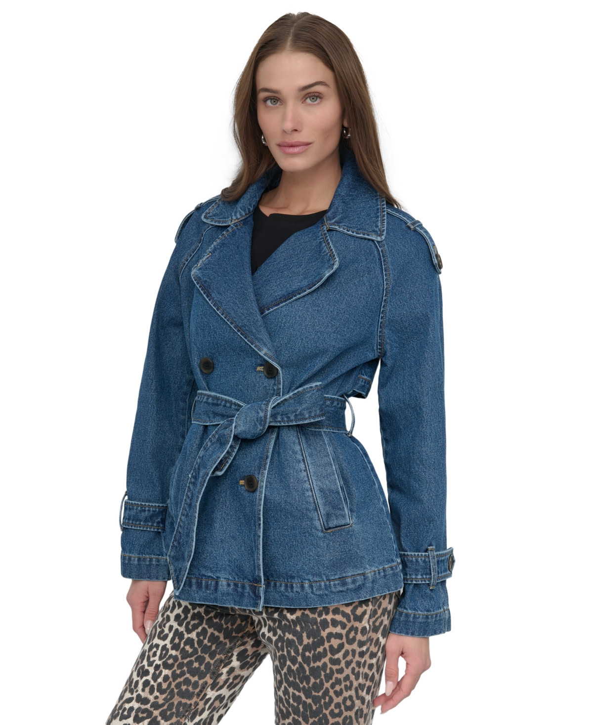 Dkny Petite Cotton Belted Notched-Collar Trench Coat - Washed Denim | Macy's