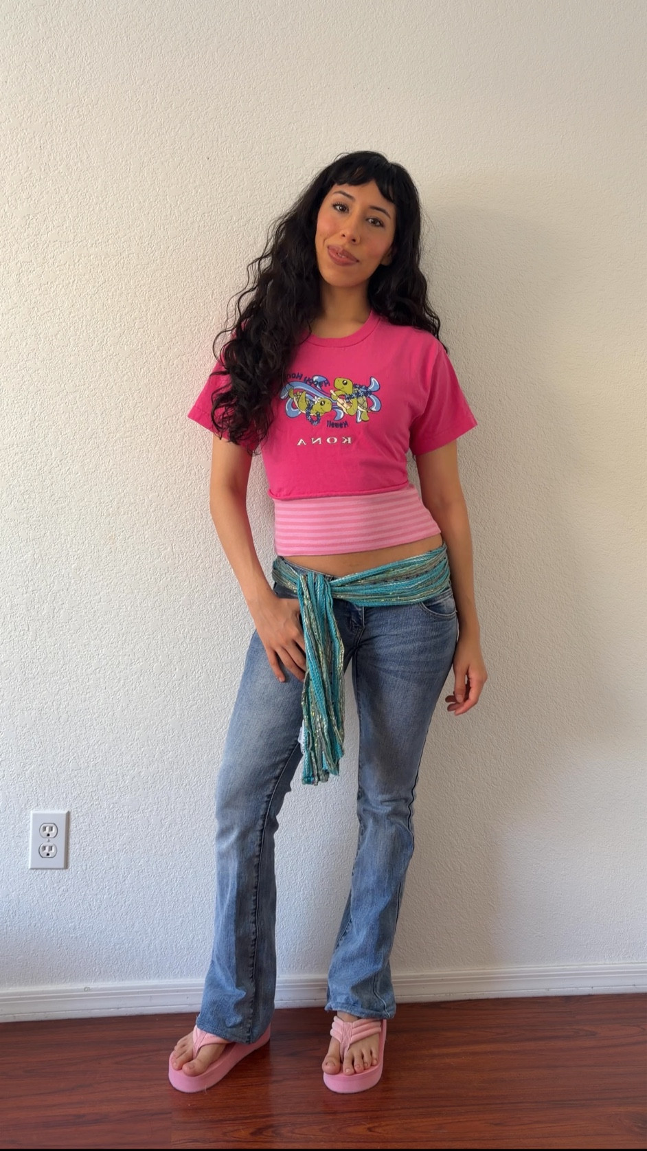 H2O inspired outfits: top is from Hawaii, jeans @americanbrat on TikTok, scarf is thrifted 