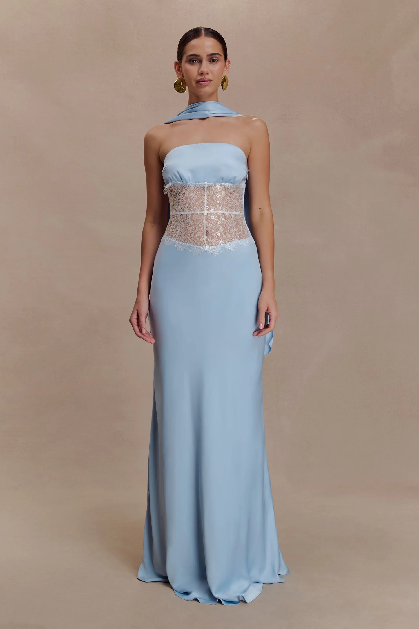 Pilar Strapless Satin And Lace Maxi Dress - Cornflower Blue | Meshki UK