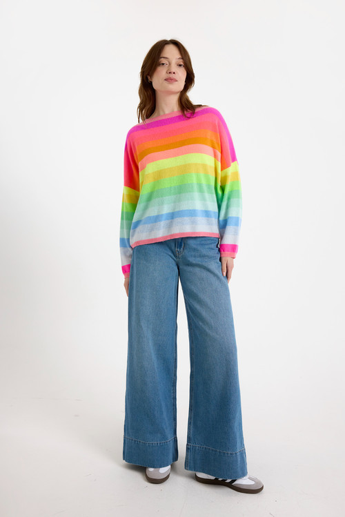 Brodie Pure Cashmere Stripe Up Crew Neck 100% Cashmere Sweater in Rainbow Stripes at Nordstrom, Size Small | Nordstrom