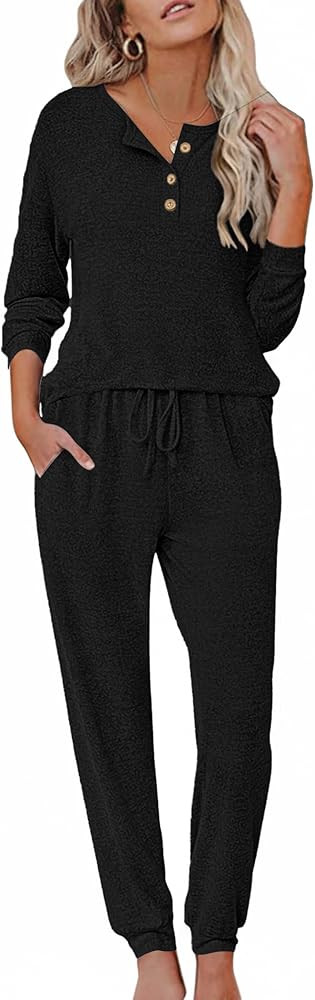 Ekouaer Womens Pajama Sets Long Sleeve Lounge Set 2 Piece Pj Sets for Women Henley Neck Casual Sl... | Amazon (US)