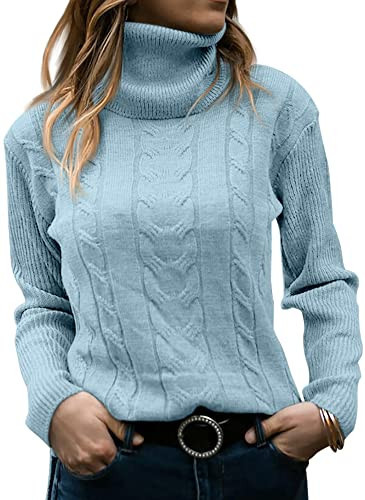 Womens Turtleneck Sweaters Long Sleeve Pullover Cable Knit Sweaters Soft Jumper Light Blue | Amazon (US)
