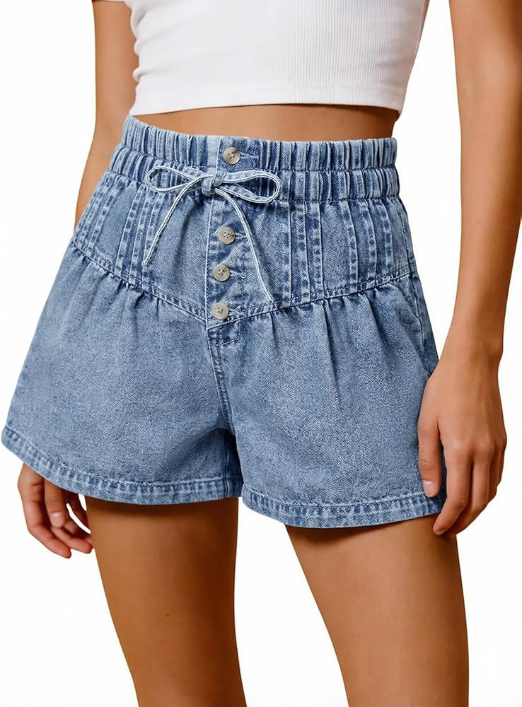 Tankaneo Womens Summer Flowy Jean Shorts Casual Drawstring Elastic Waist Buttons Pleated Baggy De... | Amazon (US)