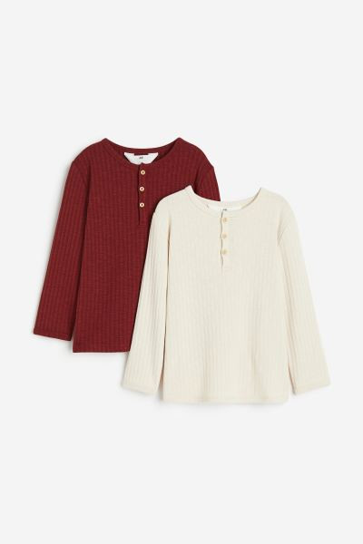 2-pack Ribbed Henley Shirts - Red/light beige - Kids | H&M US | H&M (US + CA)