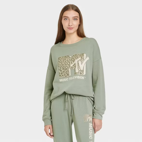 Women's MTV Leopard Print Logo Graphic Sweatshirt - Green | Target
