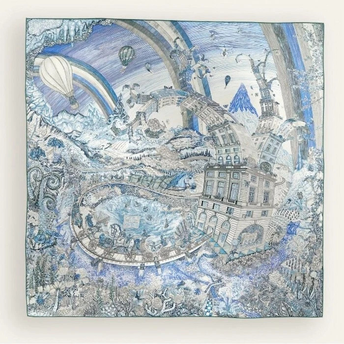 Hermes Scarf Stole Les Folies du Faubourg Blue Electric Silk Auth New Carre 90 | eBay US