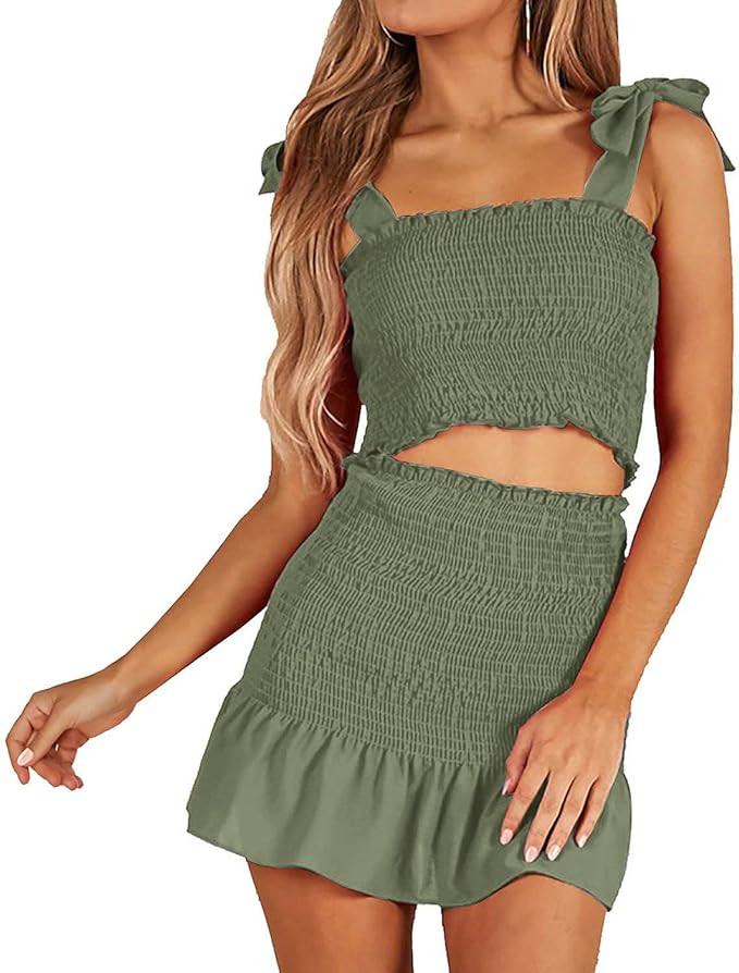 Women's Bohemian Bow Tie Tube Crop Top with High Waist Bodycon Skirt Two Piece Outfit Dress Suit ... | Amazon (US)