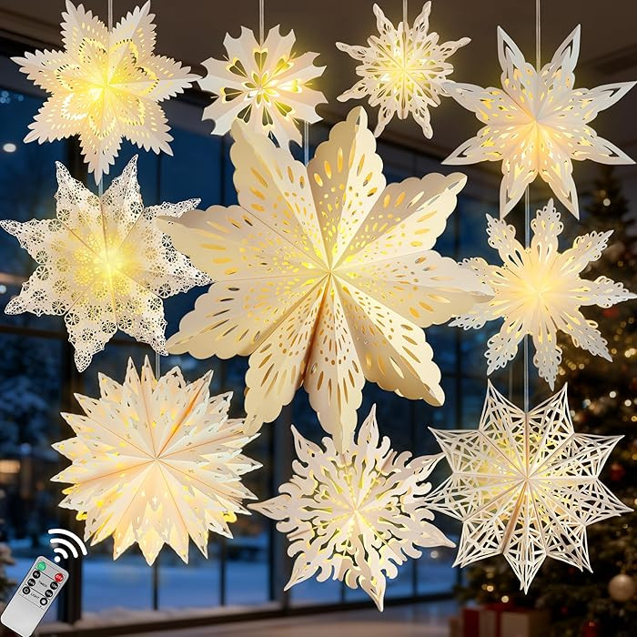 10 Pcs Christmas Paper Snowflake Lanterns, Large Christmas Paper Star Lanterns with LED Lights Wh... | Amazon (US)