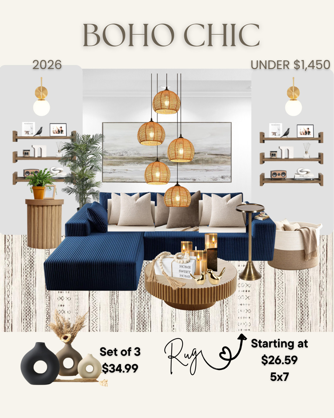 Rich textures, cozy warmth, and a bold pop of color. 💙 Welcome to the Boho Chic Living Room design plan—expertly styled to keep your entire space under $1,450!

The star of the show is definitely this deep navy ribbed sectional, paired perfectly with warm wood tones, fluted textures, and those gorgeous woven tier pendant lights that instantly elevate the room. ☕🌱

💡 Want the full shopping blueprint?
Don’t spend hours hunting down matching decor. Snag the complete digital design package for $25 to instantly unlock clickable shopping links for every piece of furniture, rug, and accent accessory shown here!

Shop 3 preview items from this exact board directly below! 

 #LTKunder50 #BohoChic #LivingRoomInspo #NavySectional #FlutedFurniture #BudgetDecorating #VirtualInteriorDesign #MoodBoardInspiration #LTKSeasonal #LTKHome