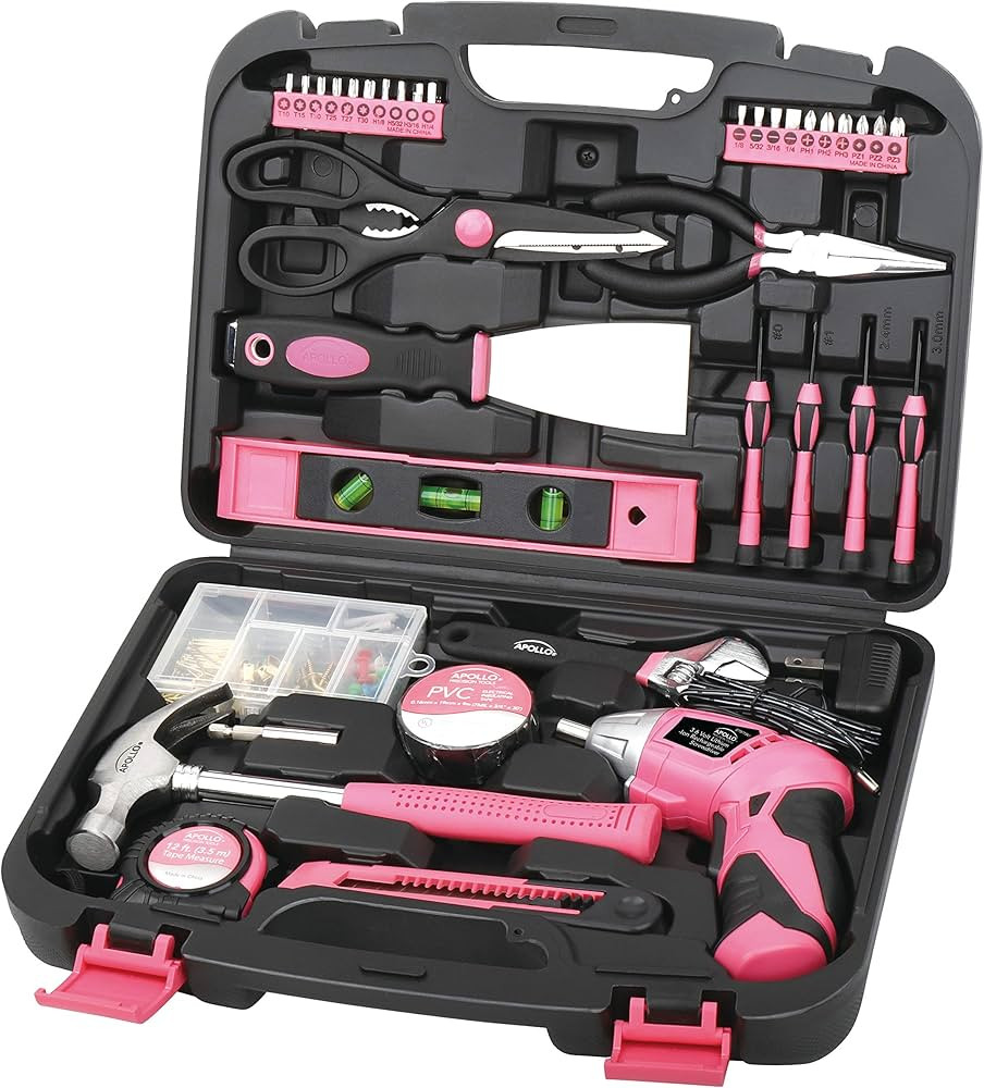 Apollo Tools 135 Piece Household Pink Hand Tools Set with Pivoting Dual-Angle 3.6 V Lithium-Ion C... | Amazon (US)