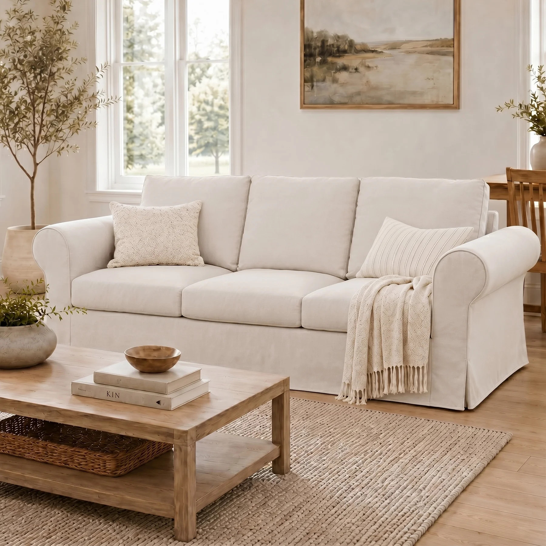 Vorthio Life 89" Farmhouse 3-Seater Sofa, Deep Seat Couch with High Back Support, Washable Removable Cover, Rolled Arms, White | Walmart (US)