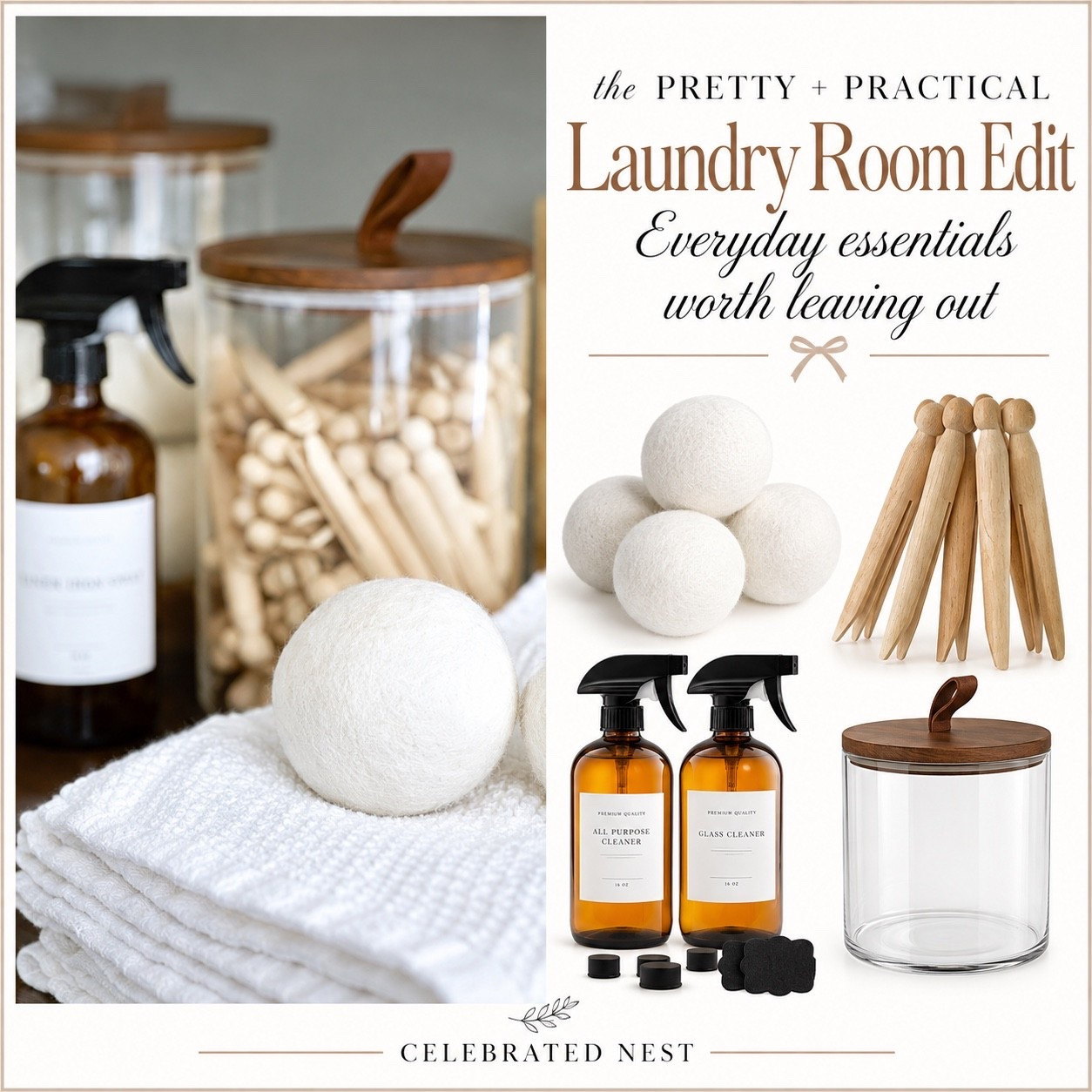 Pretty meets practical! 🤍 I’ve rounded up my favorite laundry room essentials, from wool dryer balls and wooden clothespins to amber glass spray bottles and stylish storage. Simple everyday finds that make laundry day a little more beautiful!