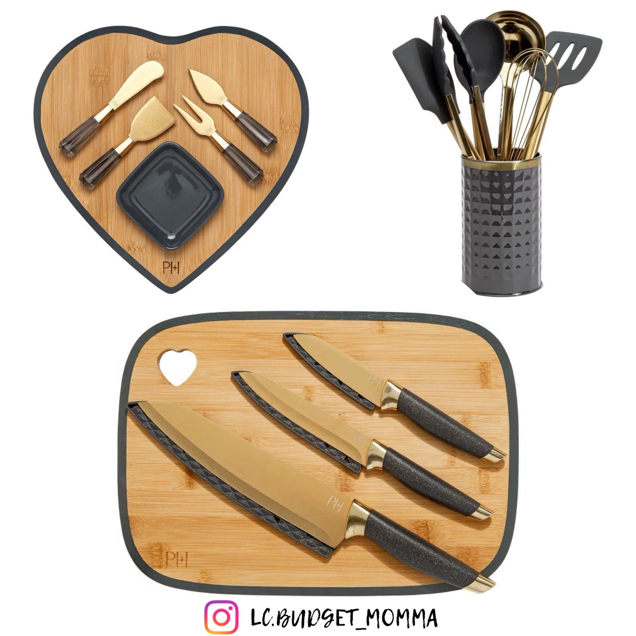 Paris Hilton 7-Piece Bamboo Heart Cutting Board and Stainless Steel Cutlery  Set, Charcoal Gray 