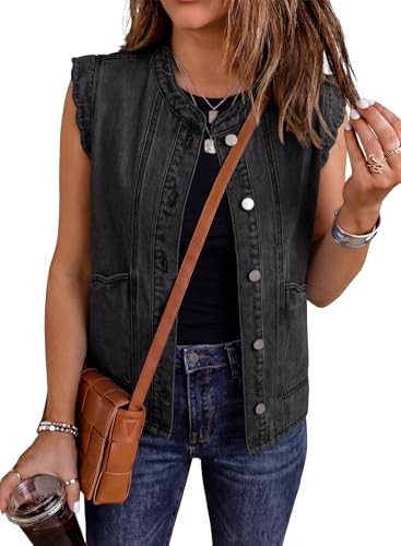 EVALESS Womens Denim Vest Sleeveless Jean Vest Button Down Crewneck Trendy Casual Summer Western Fitted Waistcoats Jacket Outfits,Black XX-Large | Amazon (US)