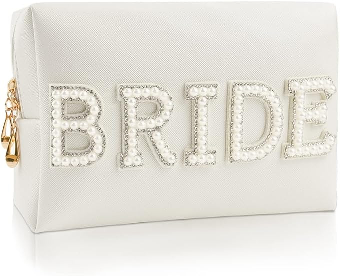 Kovewon Bride Patch Letter Makeup Bag for Women Bridesmaid Engagement Gift for Her White Pearl Rh... | Amazon (US)