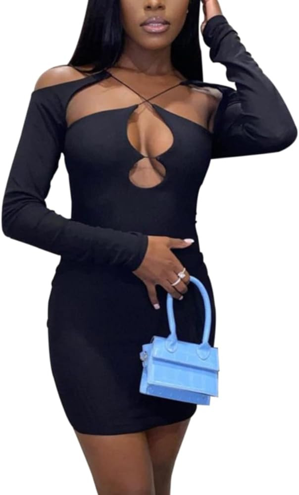 LuFeng Women's Sexy Long Sleeve Cold Shoulder Crisscross Cutout Backless Bodycon Club Mini Dress | Amazon (US)