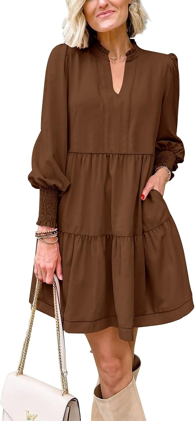 Amazon.com: Imily Bela Womens Fall Long Sleeve Tunic Dress Casual V Neck Loose Ruffle Tiered Dres... | Amazon (US)