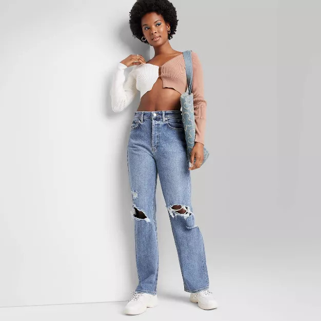 Women's Super-High Rise Distressed Straight Jeans - Wild Fable™ Medium Wash | Target