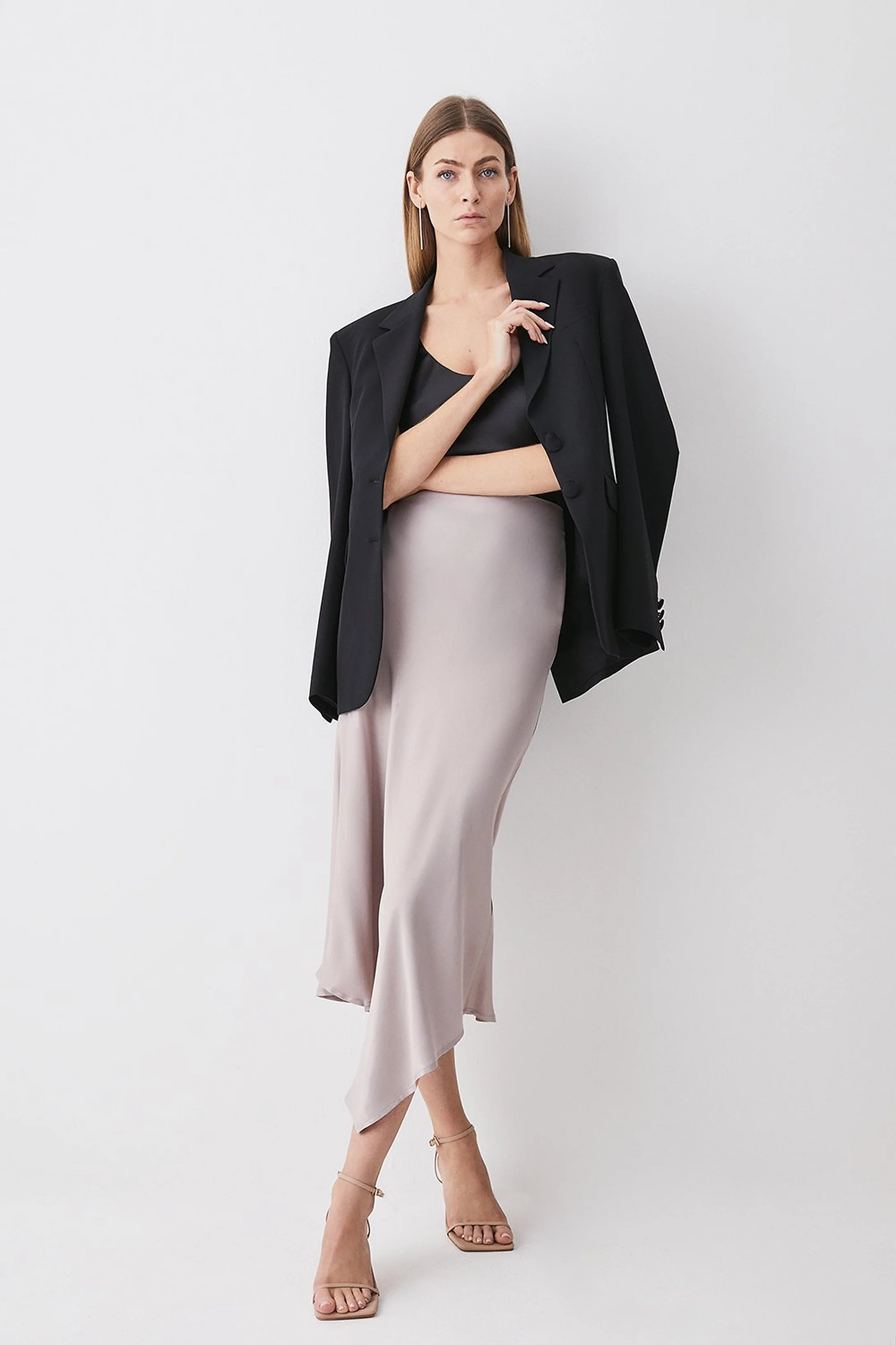Satin Asymmetric Slip Midi Skirt | Karen Millen UK + IE + DE + NL